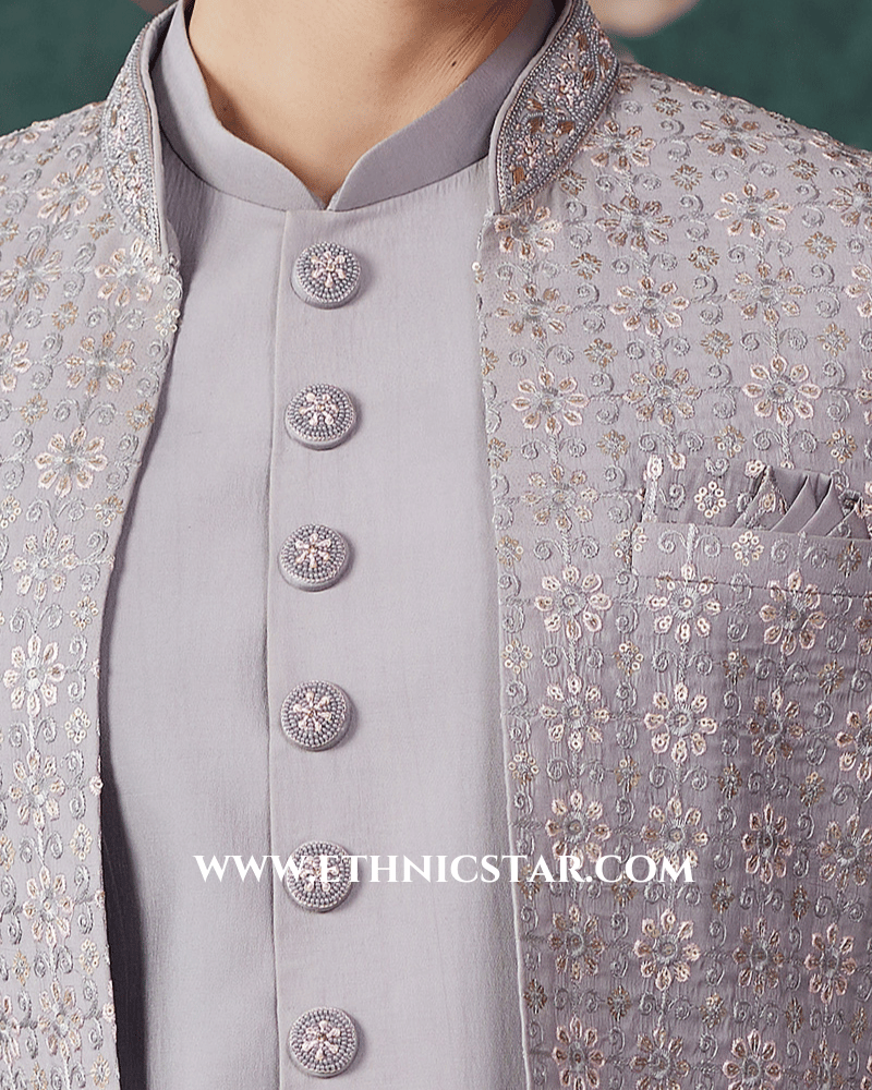 Elegant Grey Embroidered Indowestern Set With Jacket