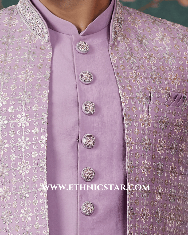 Light Purple Embroidered Art Silk Indowestern Set For Wedding
