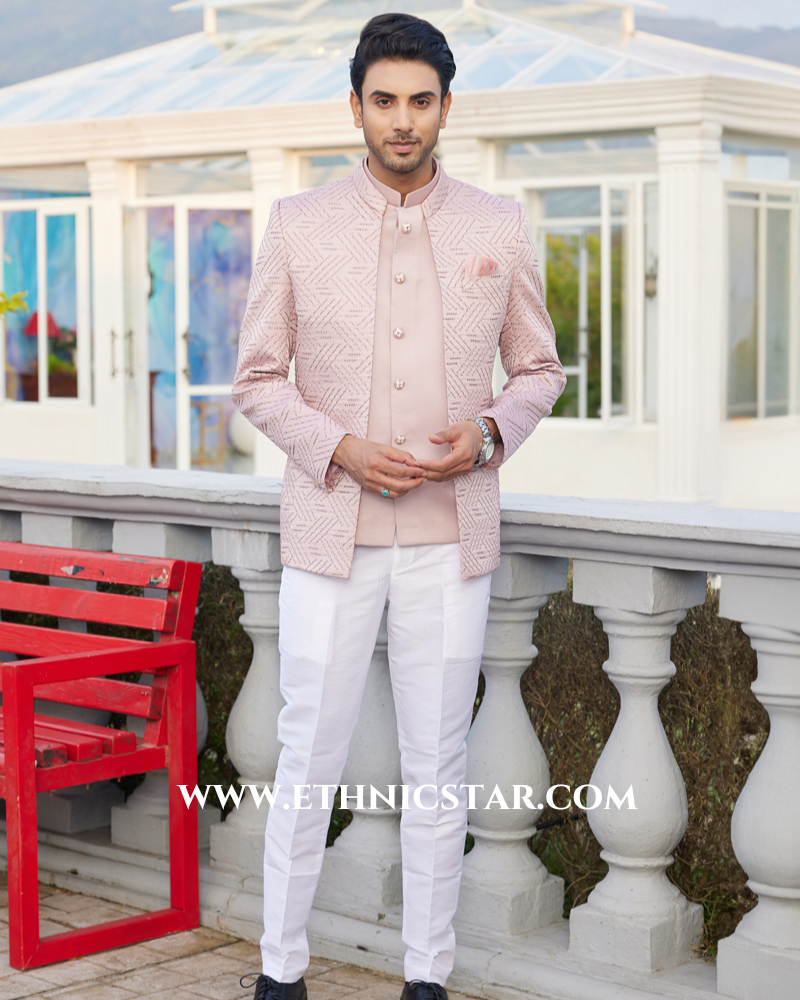 Onion Pink Wedding Thread Embroidered Jodhpuri With Jacket
