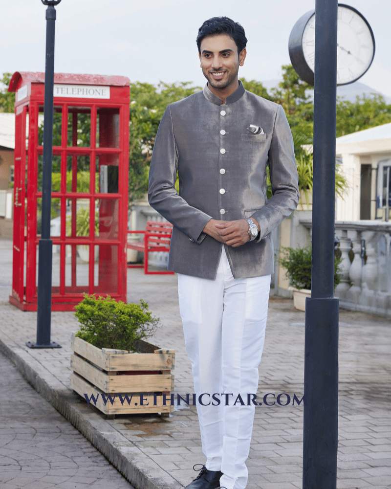 Wedding Wear Velvet Jodhpuri Suit In Grey