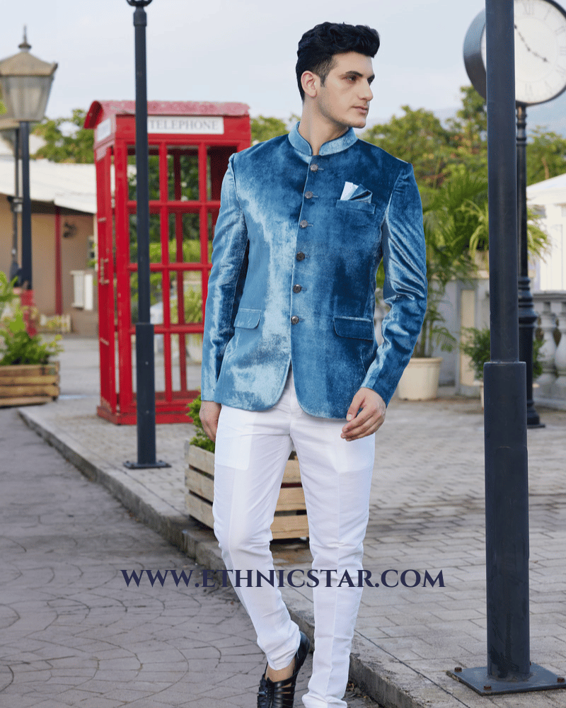 Steel Blue Wedding Wear Jodhpuri Suit in Velvet
