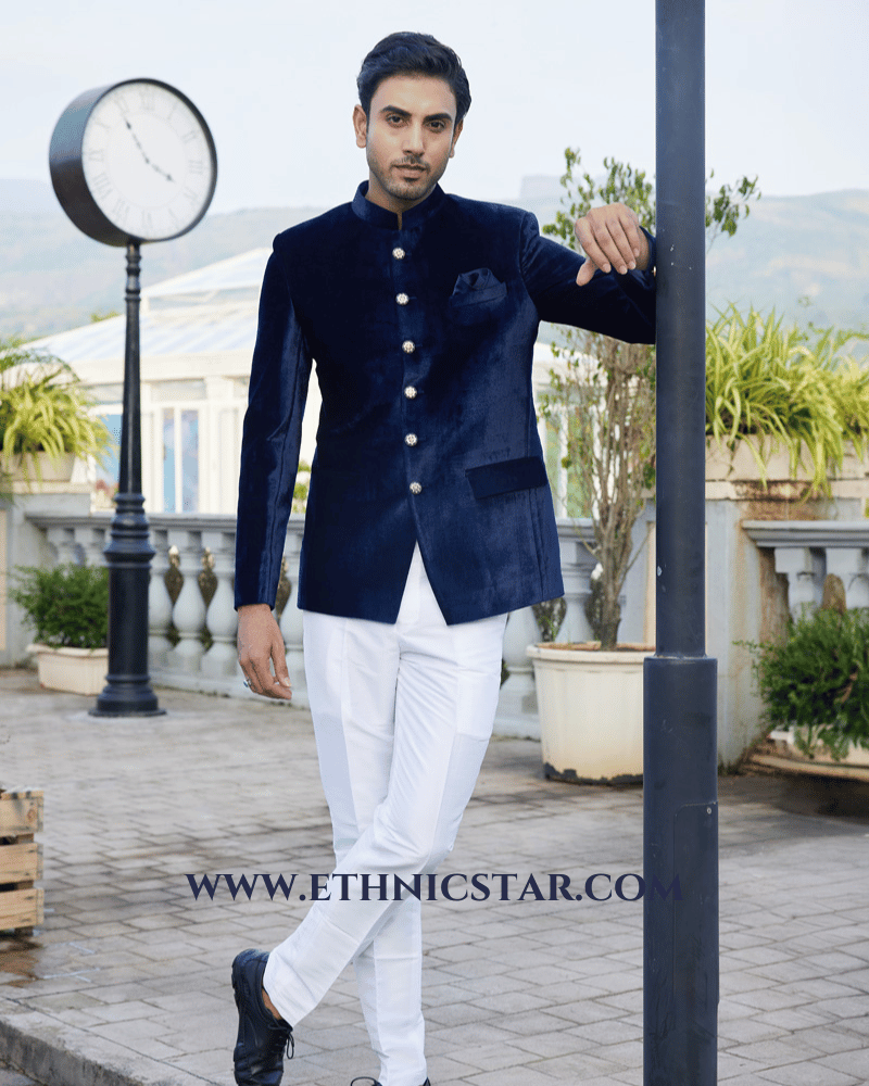 Solid Blue Wedding Wear Jodhpuri Suit in Velvet