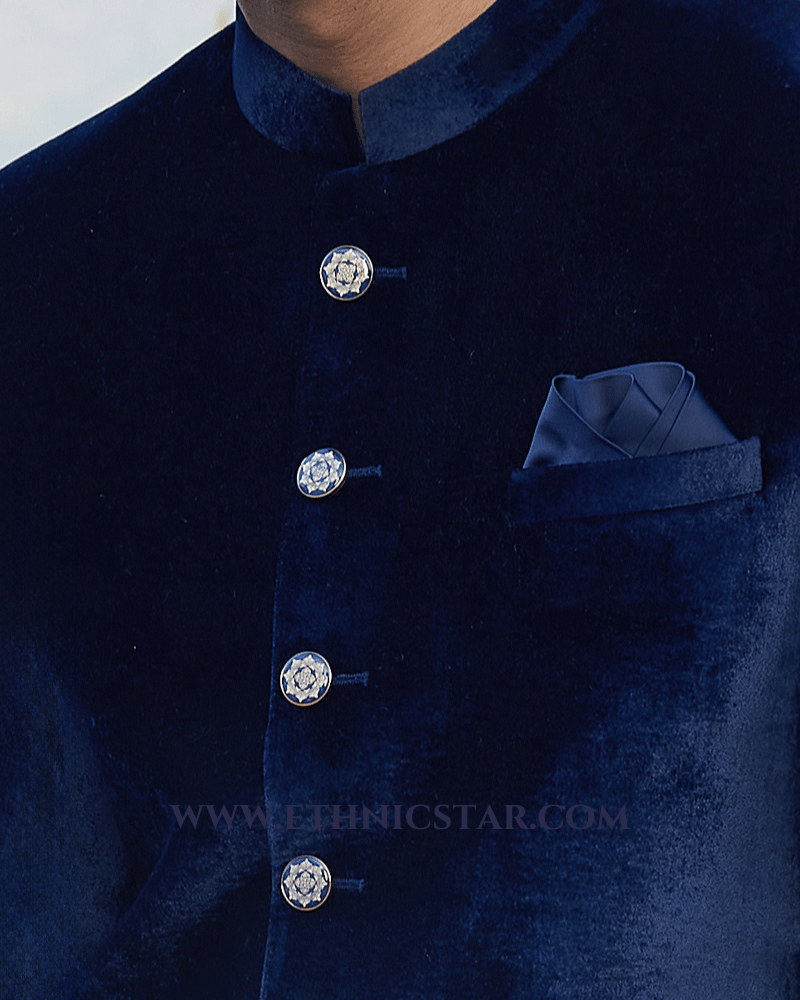 Solid Blue Wedding Wear Jodhpuri Suit in Velvet