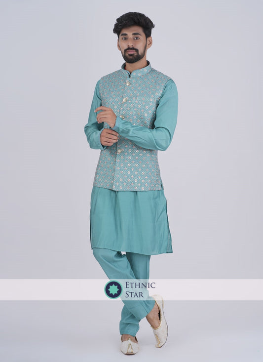 Rama Blue Readymade Silk Nehru Jacket Set