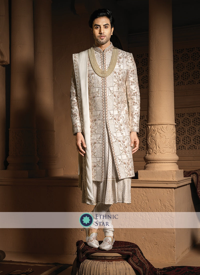 Cream Color Groom Anarkali Sherwani