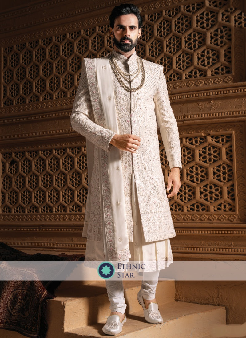 Designer Anarkali Style Silk Sherwani In Off White Color