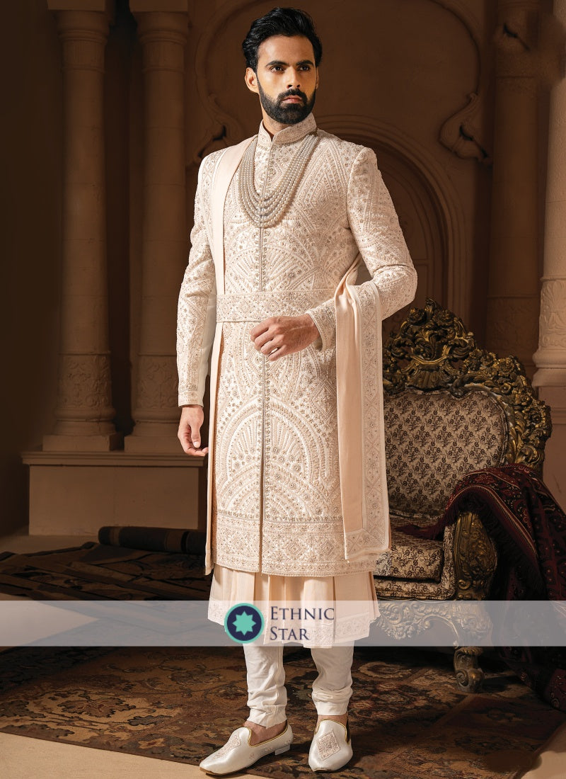 Silk Anarkali Style Sherwani In Embroidery Work