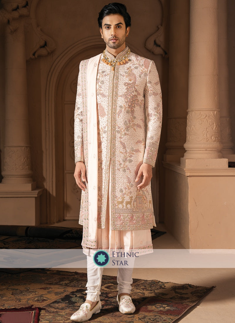 Peach Embroidered Anarkali Style Sherwani For Men