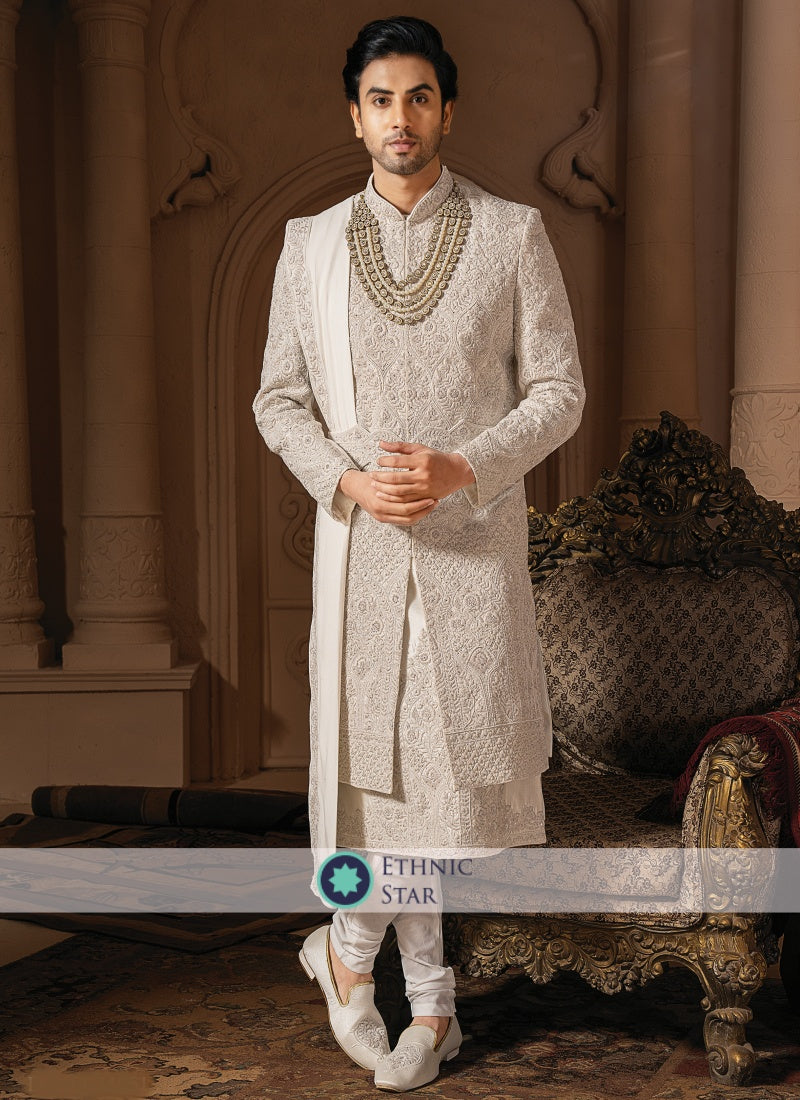 Men's Wedding Cream Embroidered Sherwani