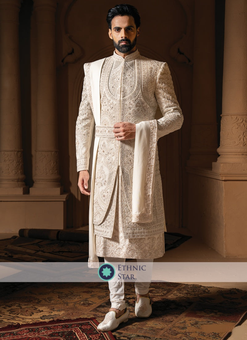 Cream Embroidered Wedding Wear Sherwani For Men