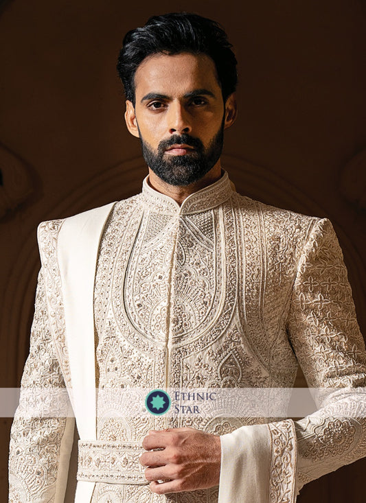 Cream Embroidered Wedding Wear Sherwani For Men