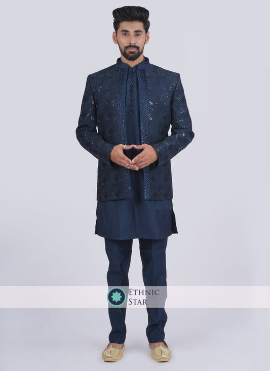 Wedding Wear Teal Blue Jacket Style Indowestern