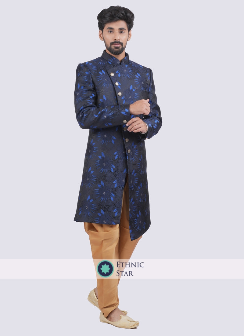 Silk Readymade Indowestern In Navy Blue