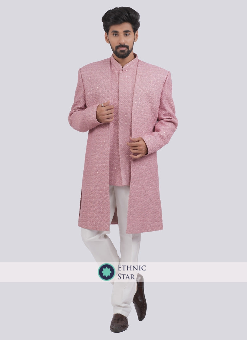 Jacket Style Lucknowi Indowestern In Pink Color