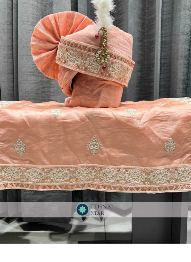 Peach Groom Wear Art Silk Safa And Dupatta