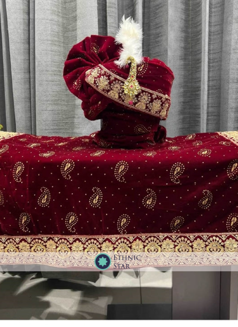 Maroon Groom Wear Safa And Dupatta