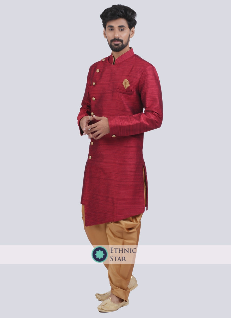 Silk Fabric Indowestern In Red Color