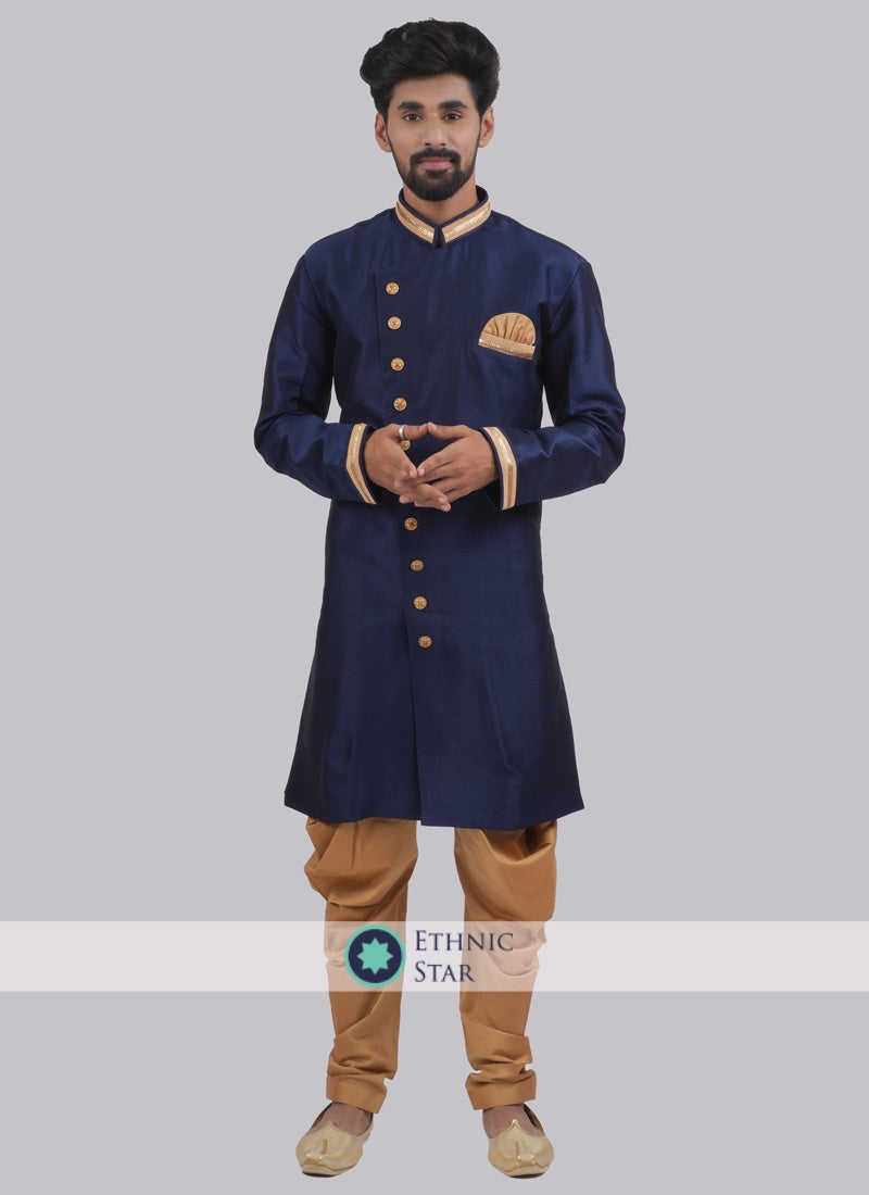 Navy Blue And Golden Wedding Wear Indowestern