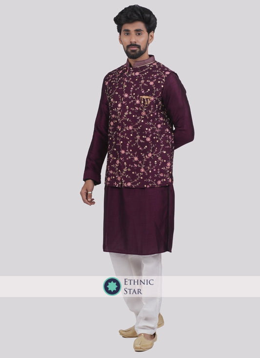 Stylish Thread Work Nehru Jacket Set In Wine Color