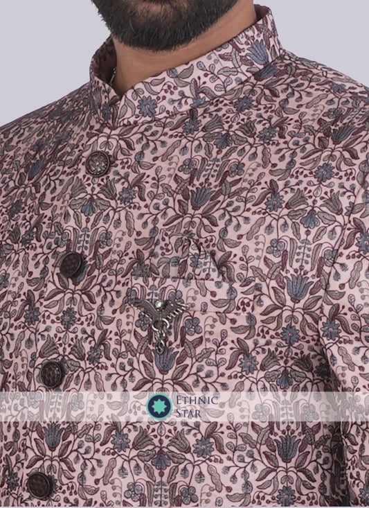 Imported Floral Printed Jodhpuri Suit In Onion Pink