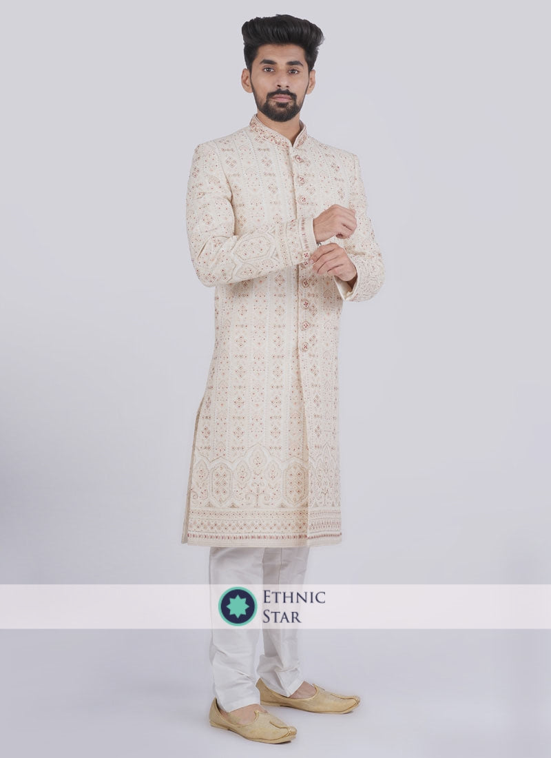 Groom Wear Cream Readmade Sherwani For Wedding