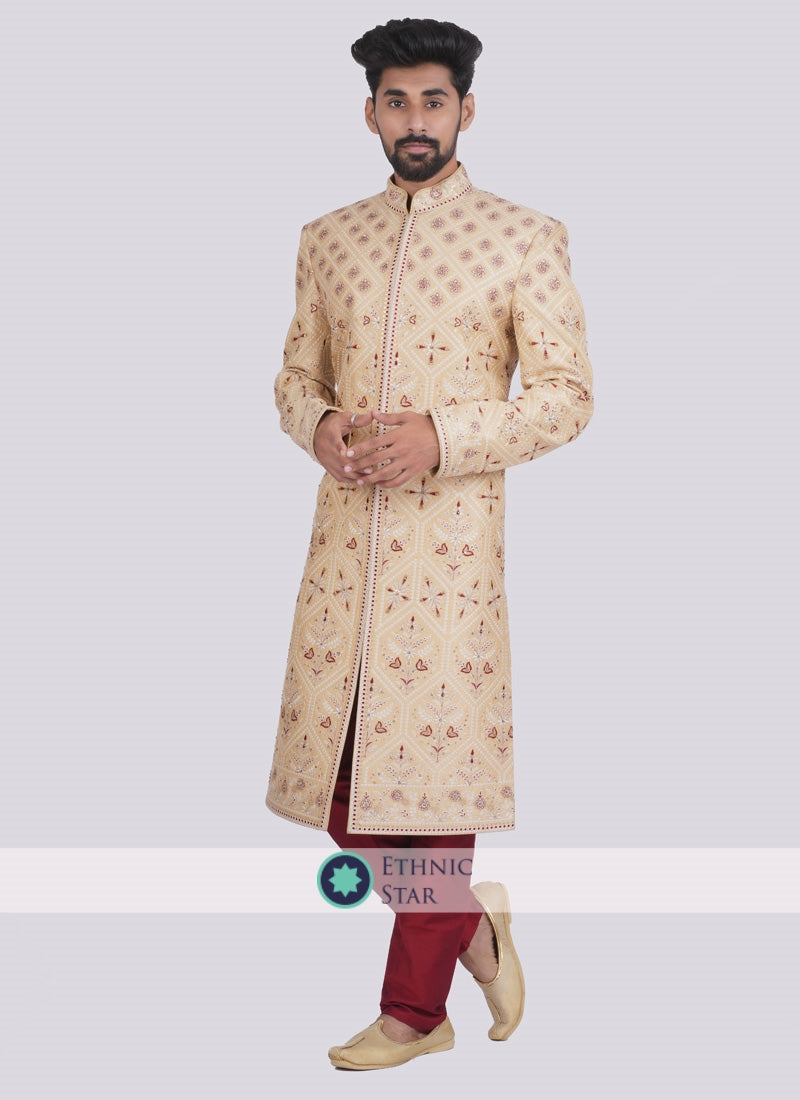 Thread Work Golden Wedding Wear Sherwani