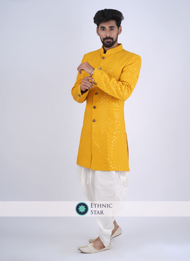 Mustard Yellow Wedding Function Wear Indowestern