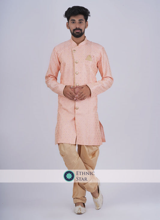 Peach And Golden Indowestern In Silk Fabric