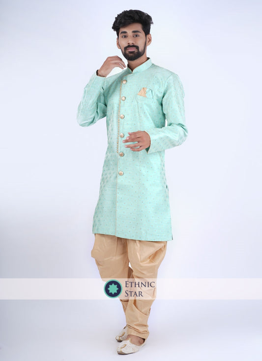 Pista Green Silk Mens Wear Indowestern