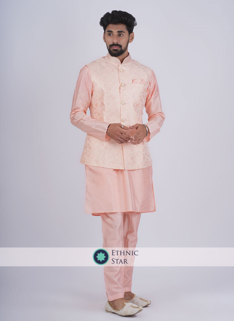 Classic Pink Silk Nehru Jacket Set For Wedding