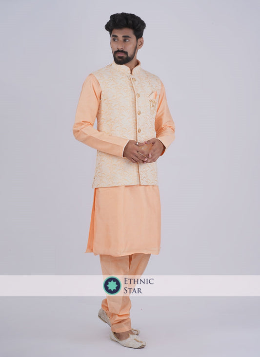Peach Color Wedding Wear Men Nehru Jacket Set