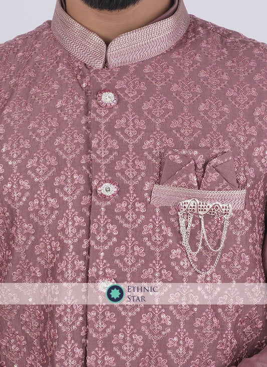 Onion Pink Wedding Nehru Jacket Set In Silk