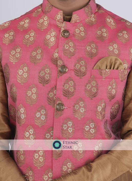 Sophisticated Pink And Golden Silk Nehru Jacket Set