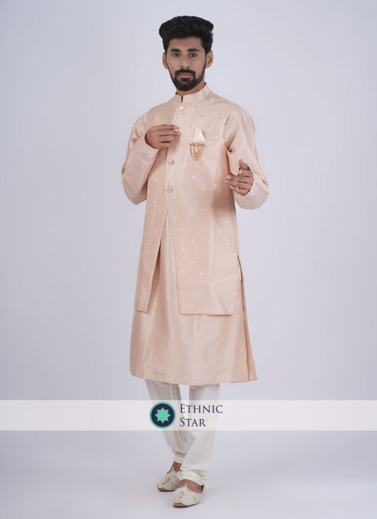 Wedding Wear Pink Nehru Jacket Set In Silk Fabric