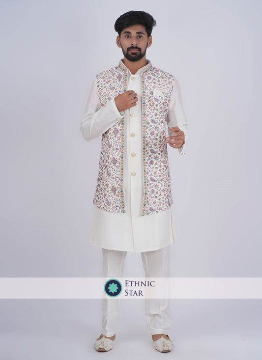 Silk Wedding Wear Cream Nehru Jacket Set