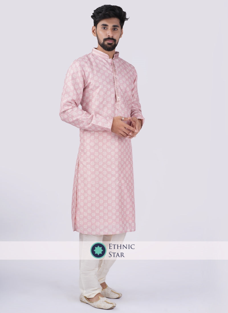 Silk Readymade Kurta Pajama In Pink And White