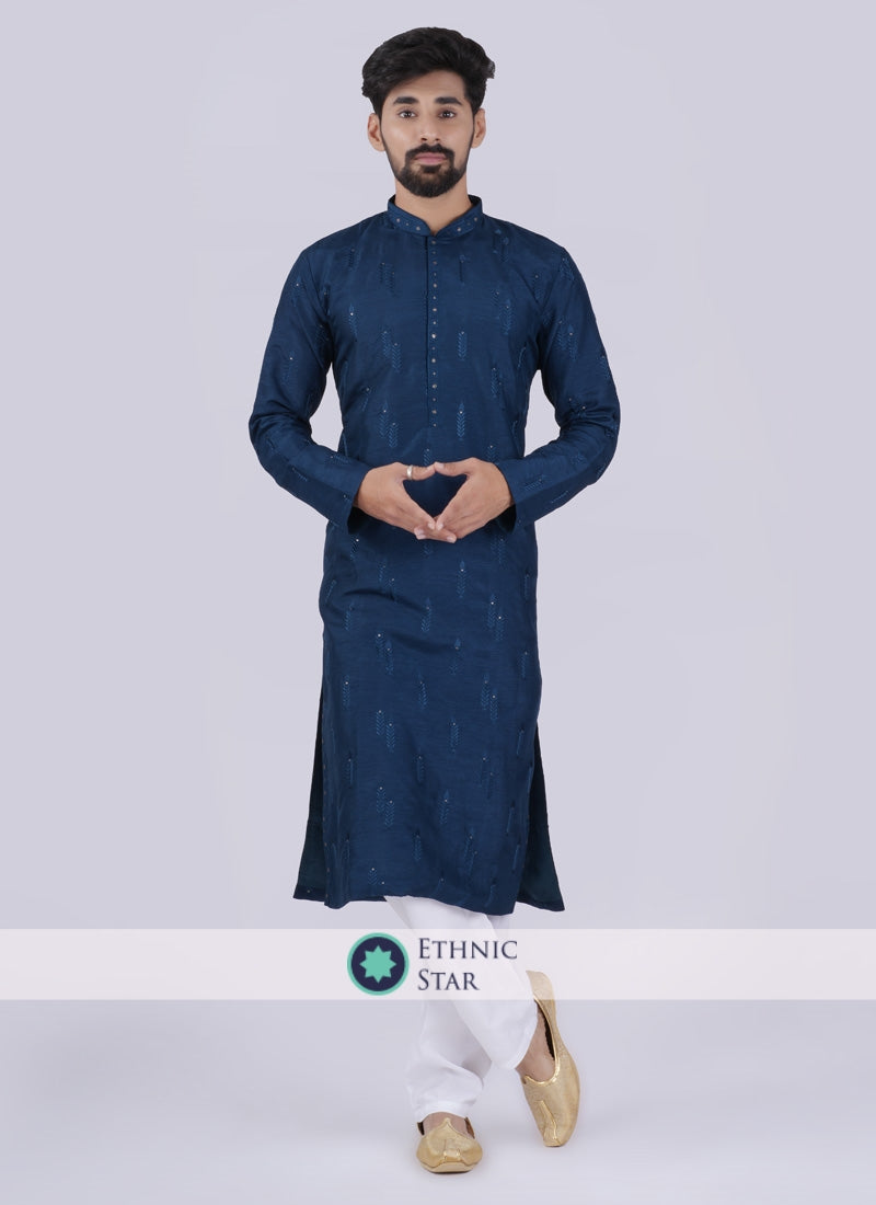 Teal Blue Kurta Pajama In Silk Fabric