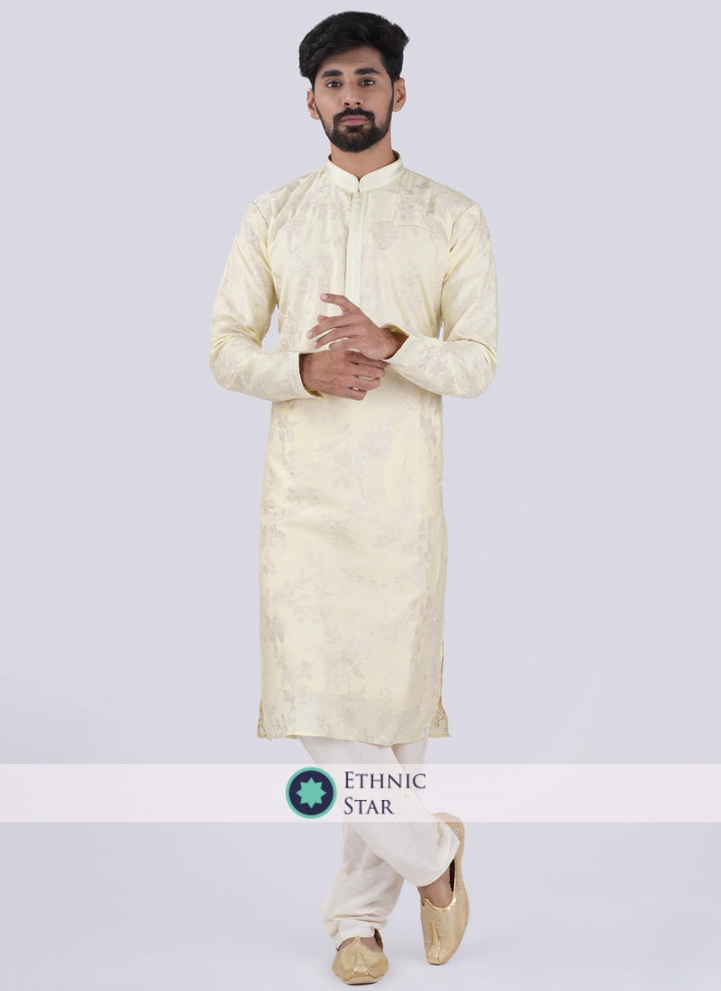 Lemon Yellow And White Silk Kurta Pajama