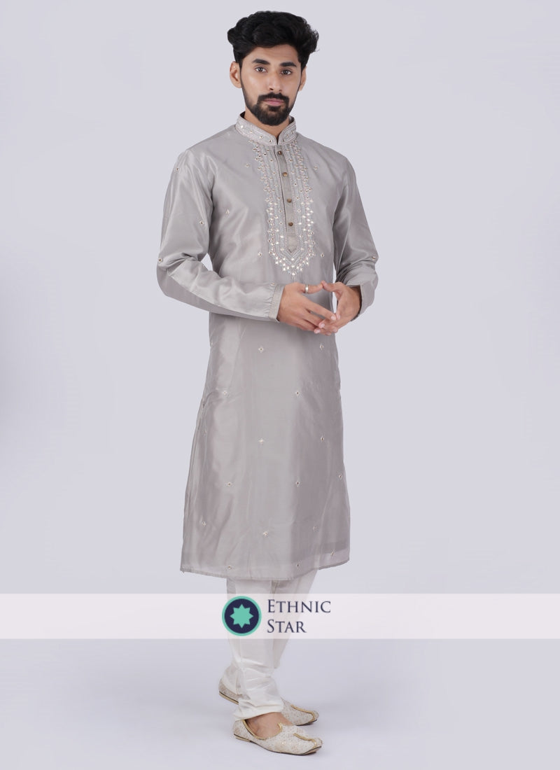 Silk Kurta Pajama In Grey Color