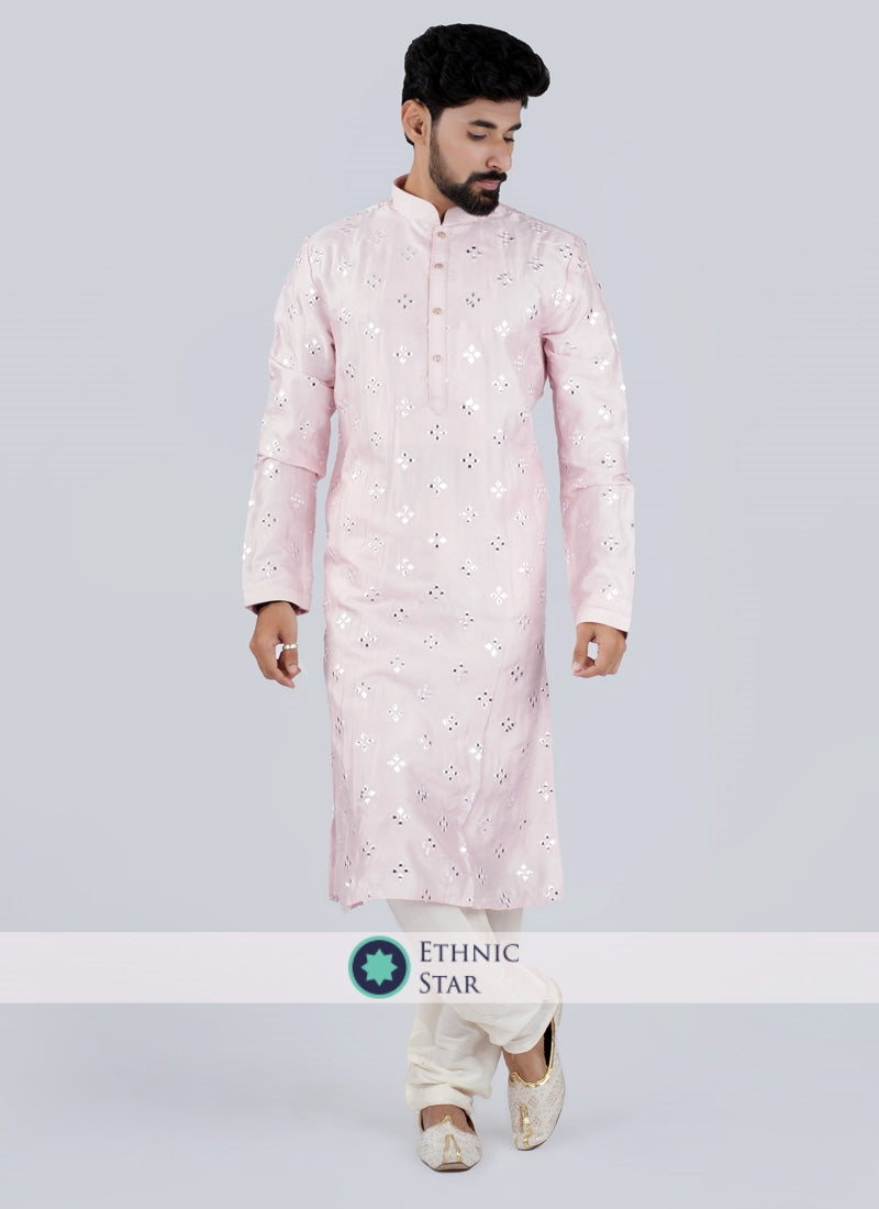 Pink And Off White Silk Kurta Pajama For Men