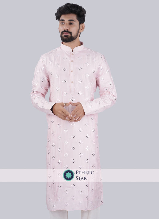 Pink And Off White Silk Kurta Pajama For Men