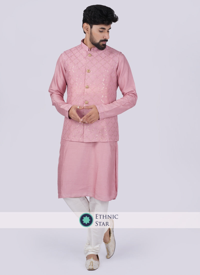Attractive Pink And White Nehru Jacket Set