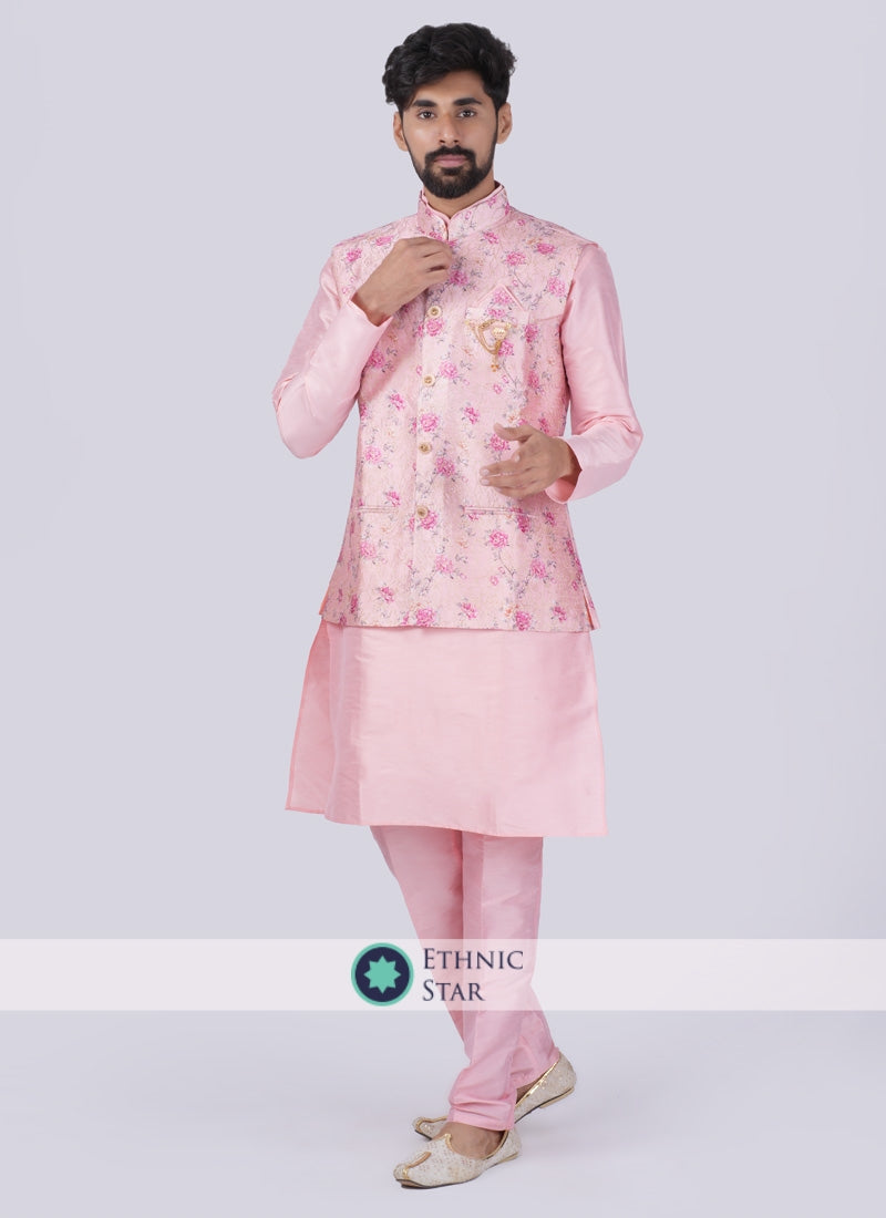 Pink Floral Printed Nehru Jacket Set