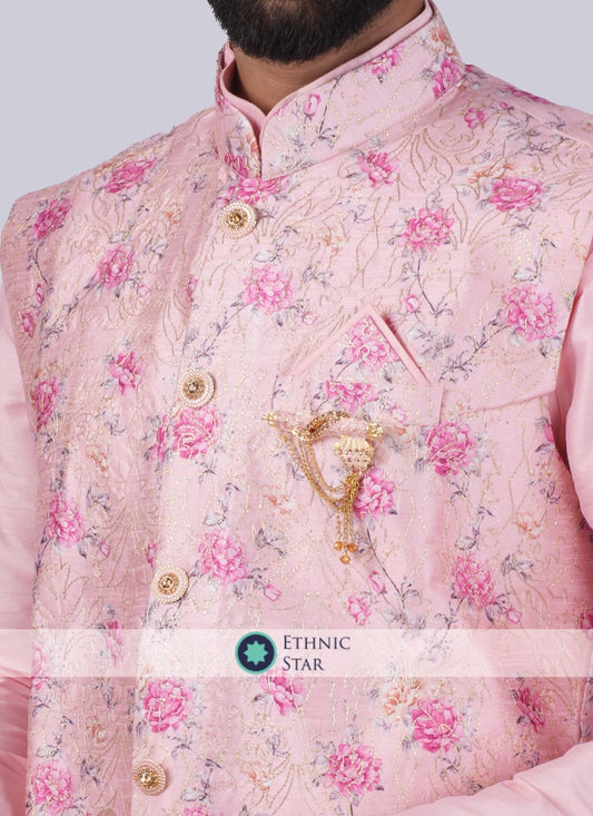 Pink Floral Printed Nehru Jacket Set