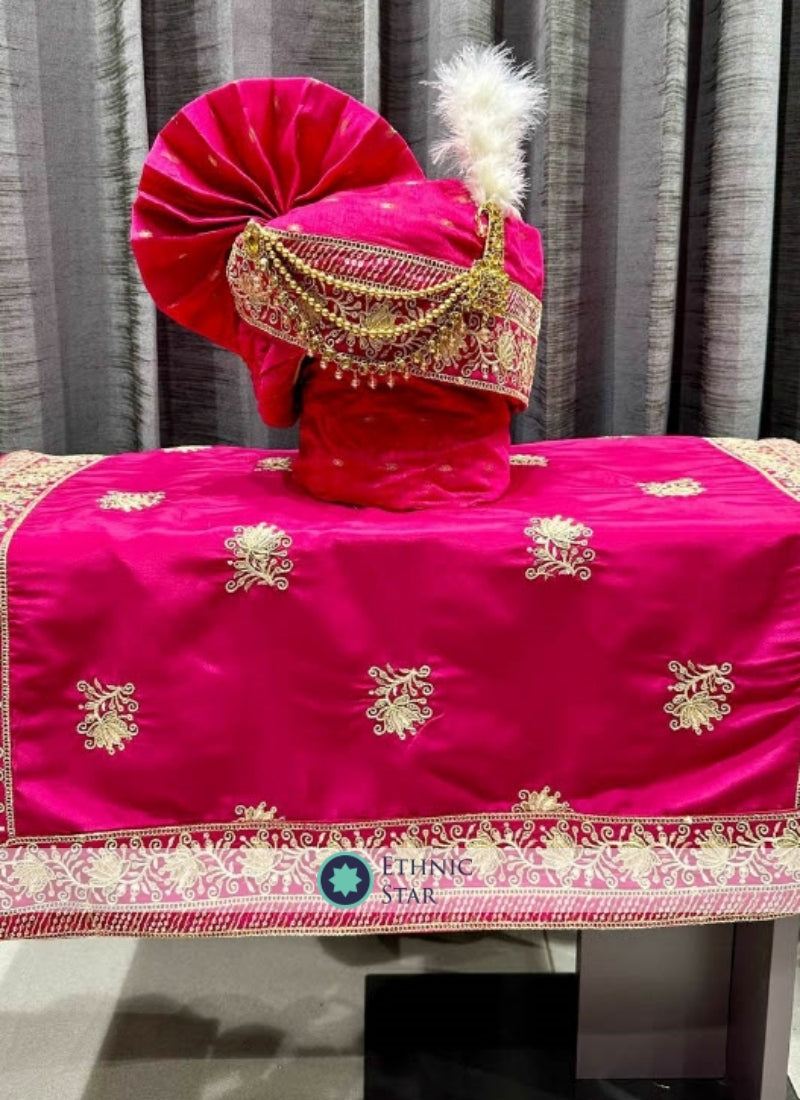 Hot Pink Groom Wear Safa And Dupatta