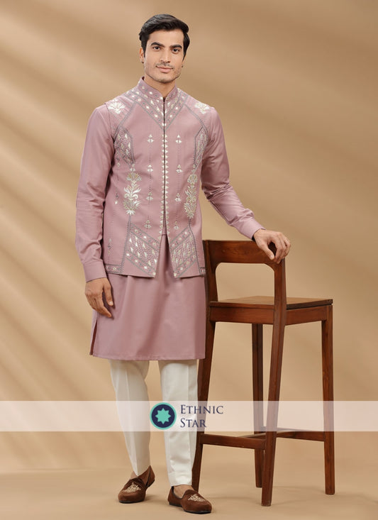 Zari Embroidered Cotton Silk Nehru Jacket Set