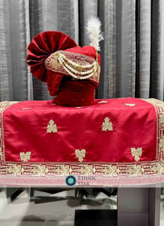 Silk Red Embroidery Safa Dupatta Set