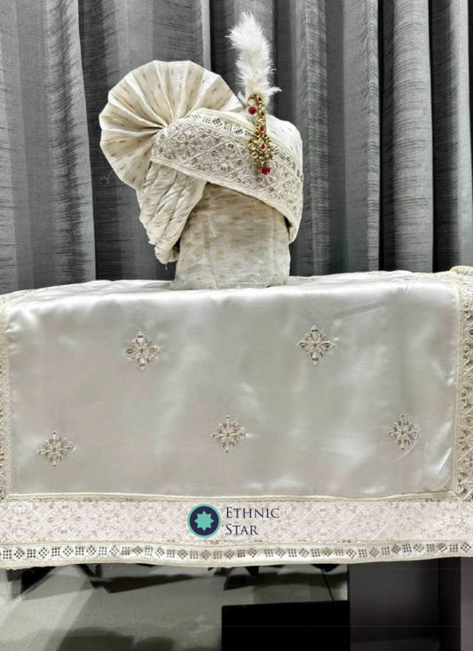 Cream Silk Fabric Dupatta And Rajwadi Style Safa