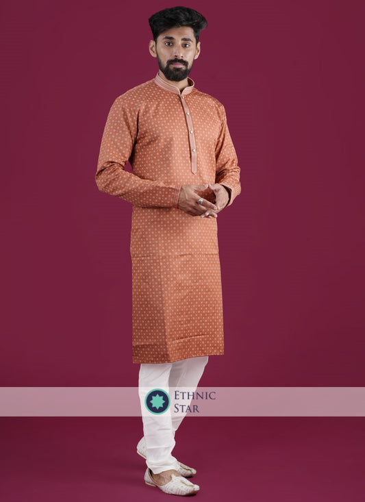 Orange Readymade Cotton Silk Printed Kurta Pajama