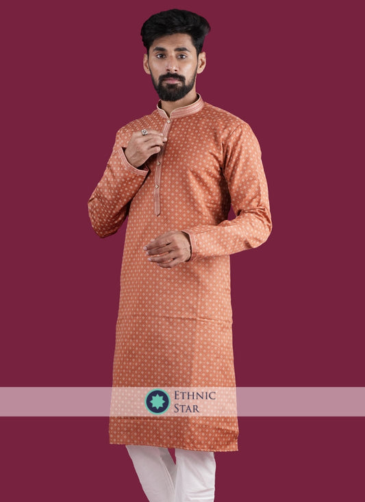 Orange Readymade Cotton Silk Printed Kurta Pajama